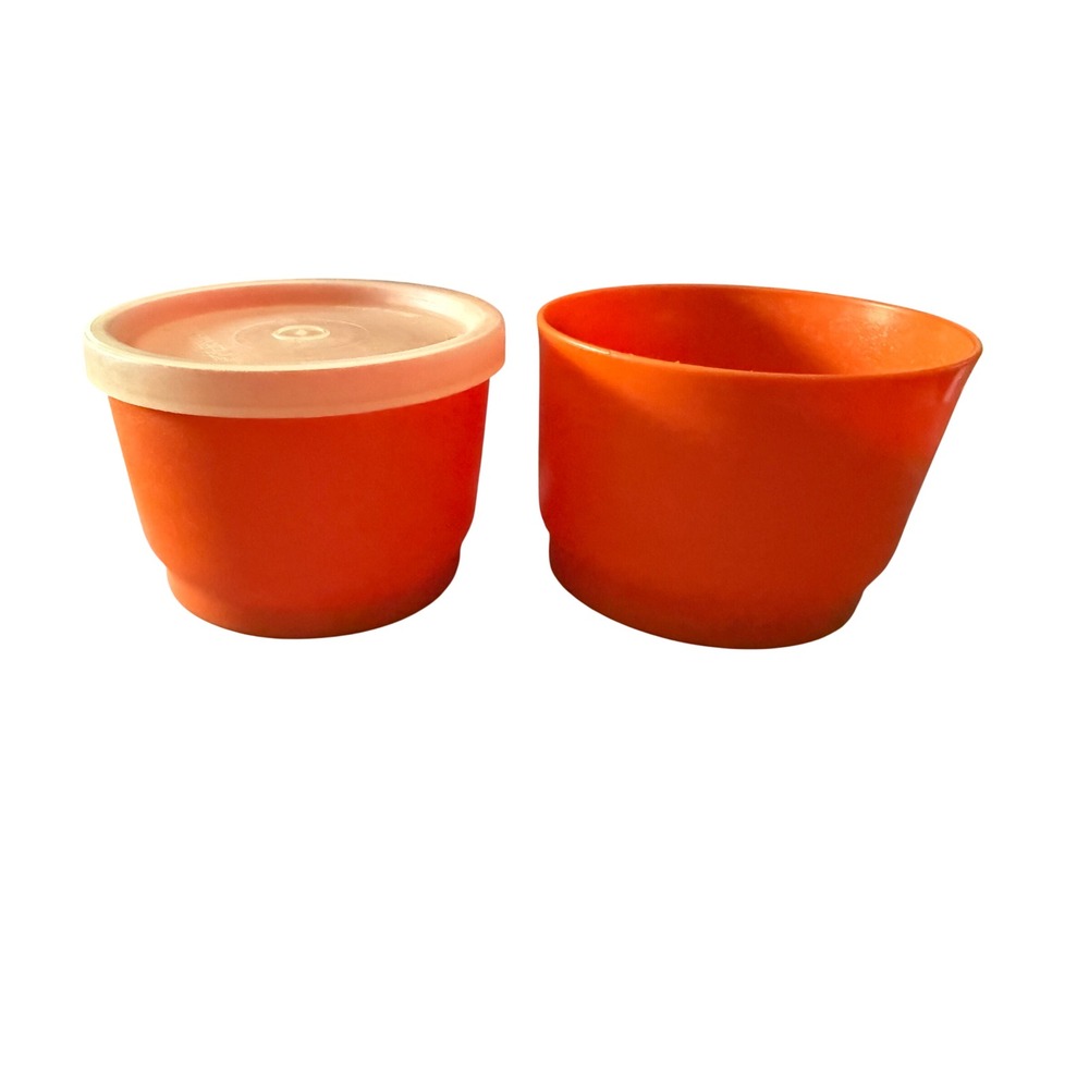 Vintage Tupperware Orange Bell Tumblers Cups 1229 Set of 2 with 1 Lid Retro